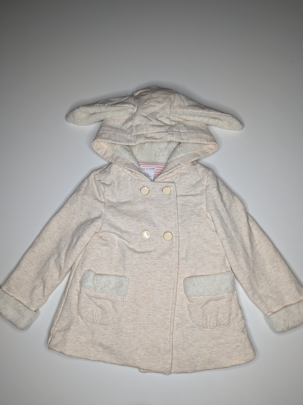 Toddler Cream Hooded Pea Coat with Ear Detail